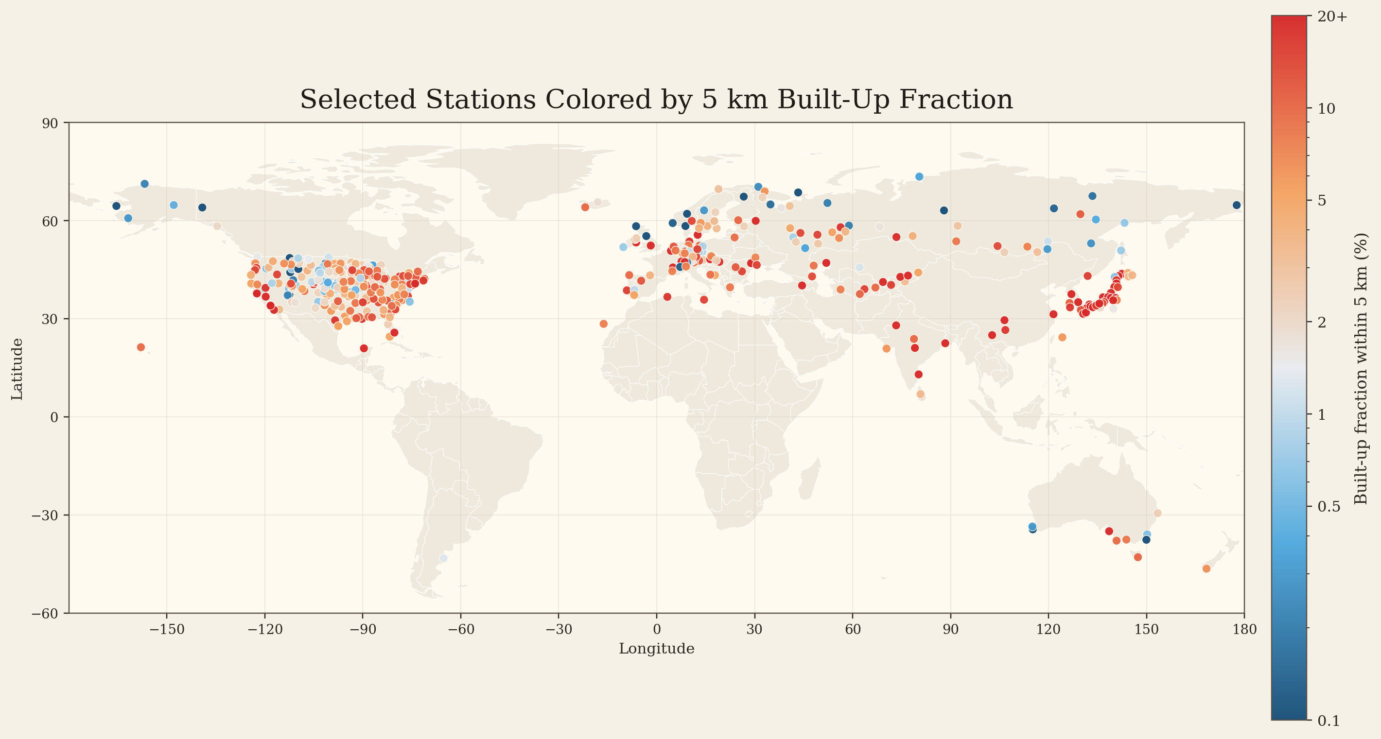 Station map colored by built-up fraction
